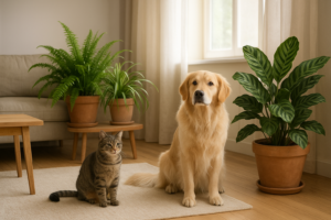 Przyjazny dom z roślinami doniczkowymi i zwierzętami – kot i pies wśród bezpiecznych roślin.