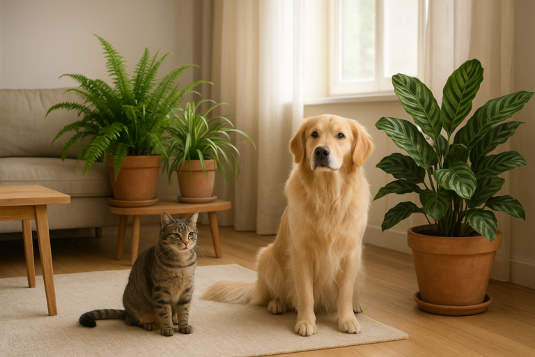Przyjazny dom z roślinami doniczkowymi i zwierzętami – kot i pies wśród bezpiecznych roślin.