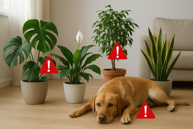 Pies w domu obok roślin doniczkowych z oznaczeniem roślin toksycznych dla psów