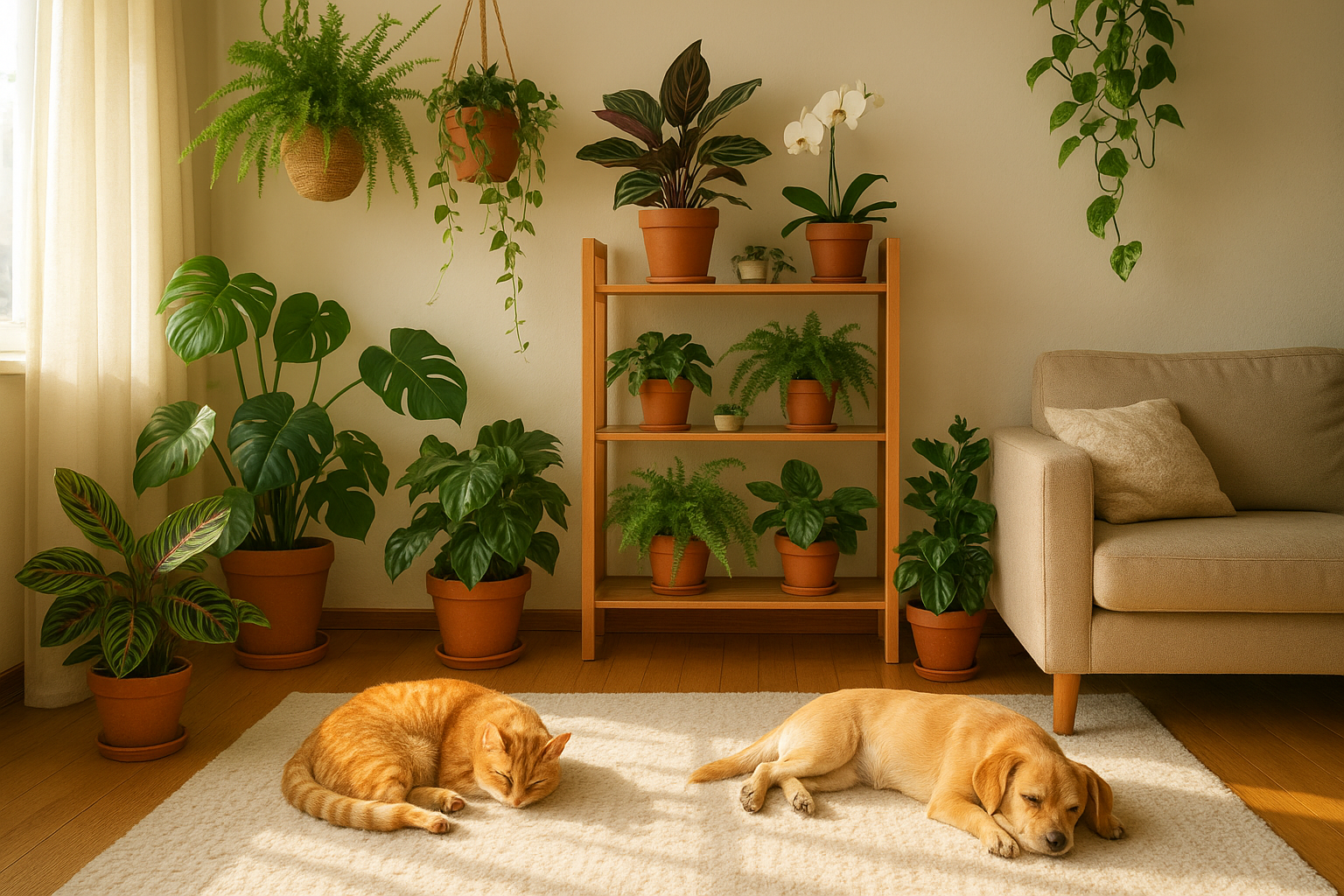 Bezpieczne rośliny doniczkowe w domu ze zwierzętami – kot i pies wśród zieleni