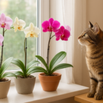 Kot przy storczykach na parapecie – bezpieczne rośliny doniczkowe dla zwierząt