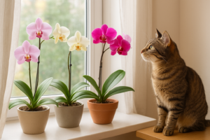 Kot przy storczykach na parapecie – bezpieczne rośliny doniczkowe dla zwierząt