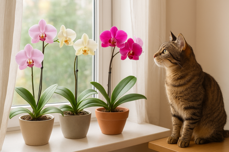 Kot przy storczykach na parapecie – bezpieczne rośliny doniczkowe dla zwierząt