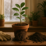 Przesadzanie rośliny doniczkowej zimą w domu przy oknie, świeże podłoże i zdrowe korzenie.