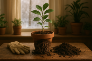 Przesadzanie rośliny doniczkowej zimą w domu przy oknie, świeże podłoże i zdrowe korzenie.