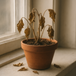 Przesuszona roślina doniczkowa po wakacjach – zeschnięta ziemia i więdnące liście na parapecie