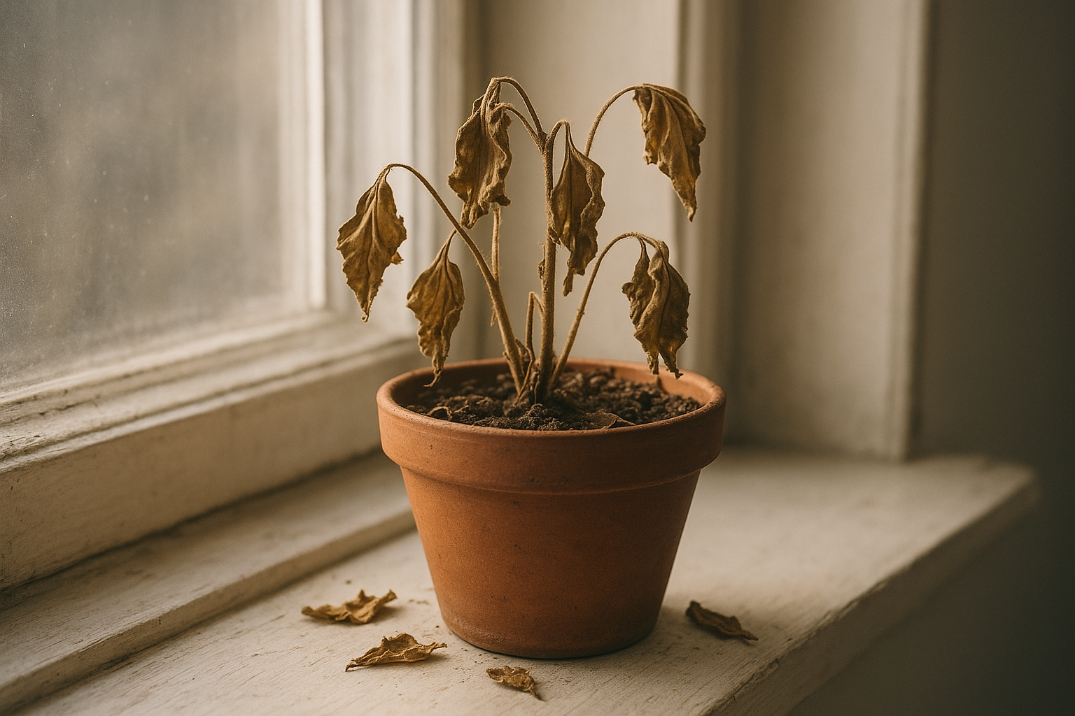 Przesuszona roślina doniczkowa po wakacjach – zeschnięta ziemia i więdnące liście na parapecie
