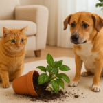 Zmartwiony kot i pies przy przewróconej doniczce z rośliną – bezpieczeństwo zwierząt i roślin w domu