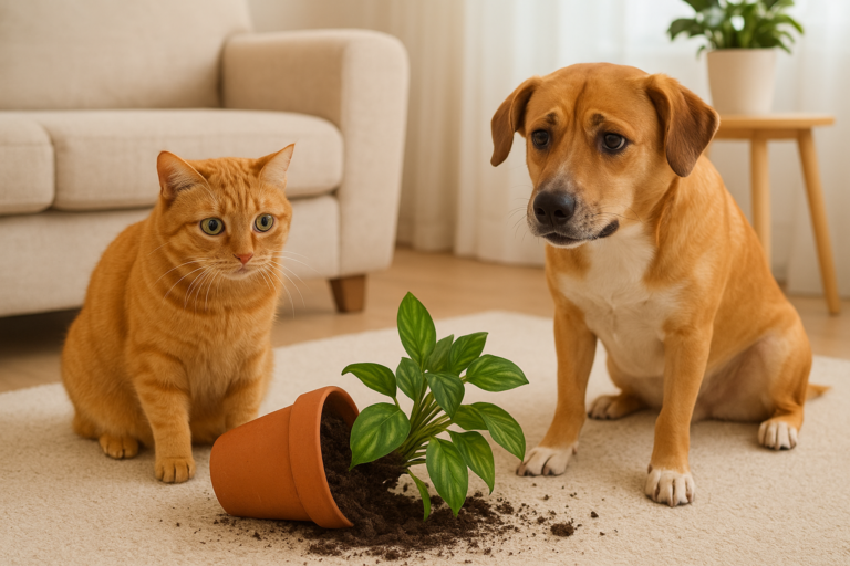 Zmartwiony kot i pies przy przewróconej doniczce z rośliną – bezpieczeństwo zwierząt i roślin w domu
