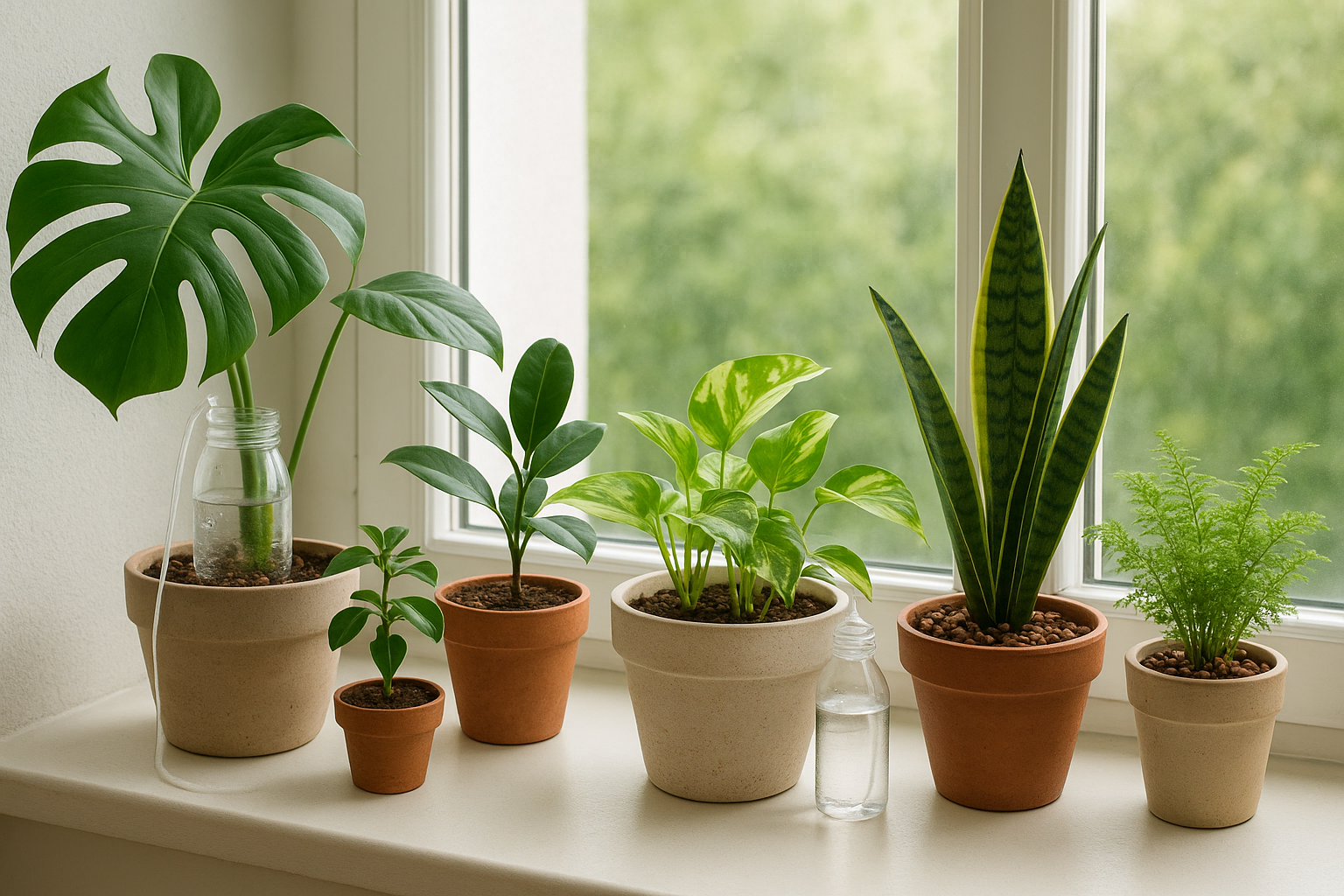 Rośliny doniczkowe przygotowane do nieobecności właściciela z domowymi systemami nawadniania na parapecie