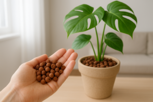 Keramzyt jako warstwa drenażowa w doniczce z rośliną domową