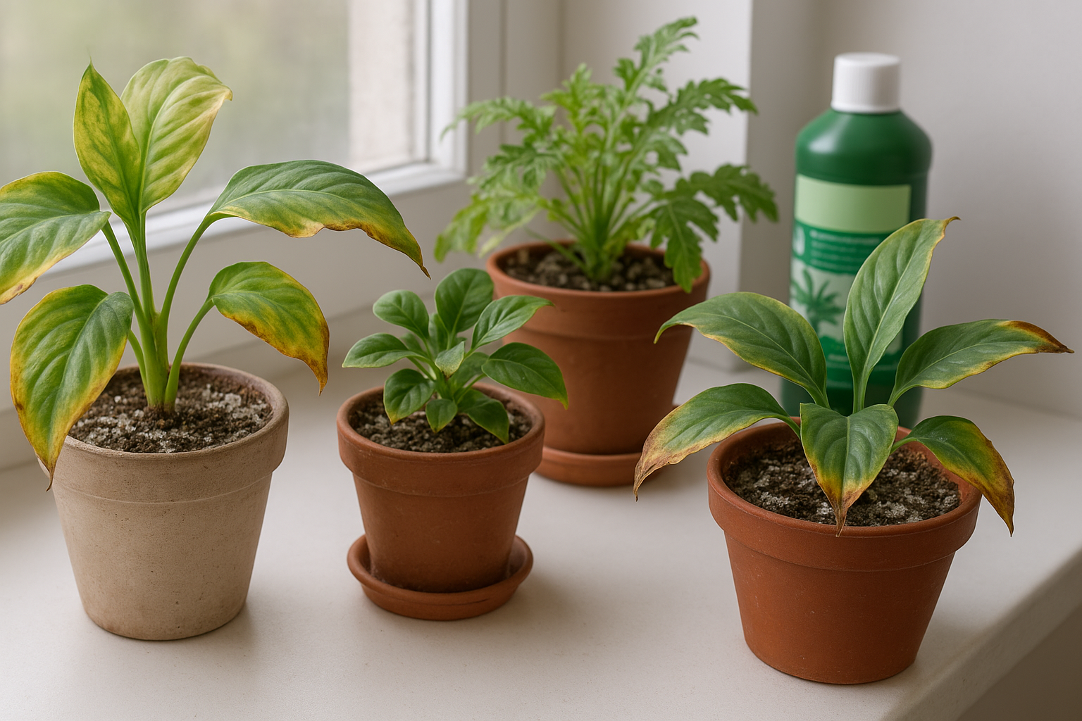 Doniczkowe rośliny z objawami przenawożenia: żółte liście, białe osady na ziemi, butelka nawozu w tle.