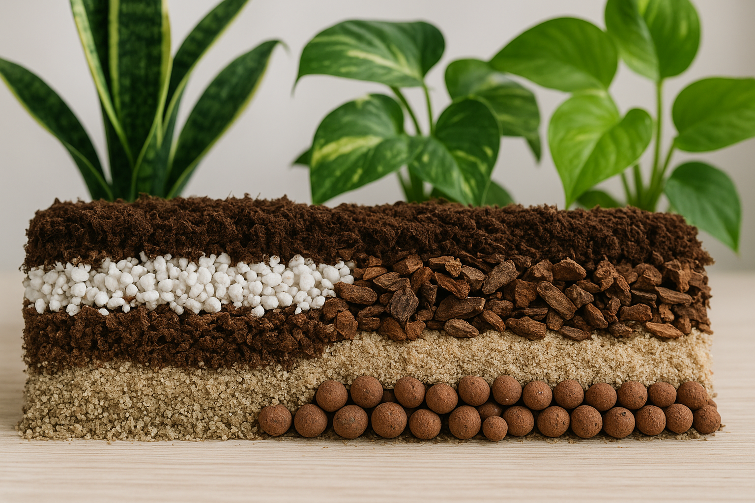 Różne mieszanki podłoża do roślin doniczkowych – torf, perlit, kora, piasek i keramzyt z zielonymi roślinami.