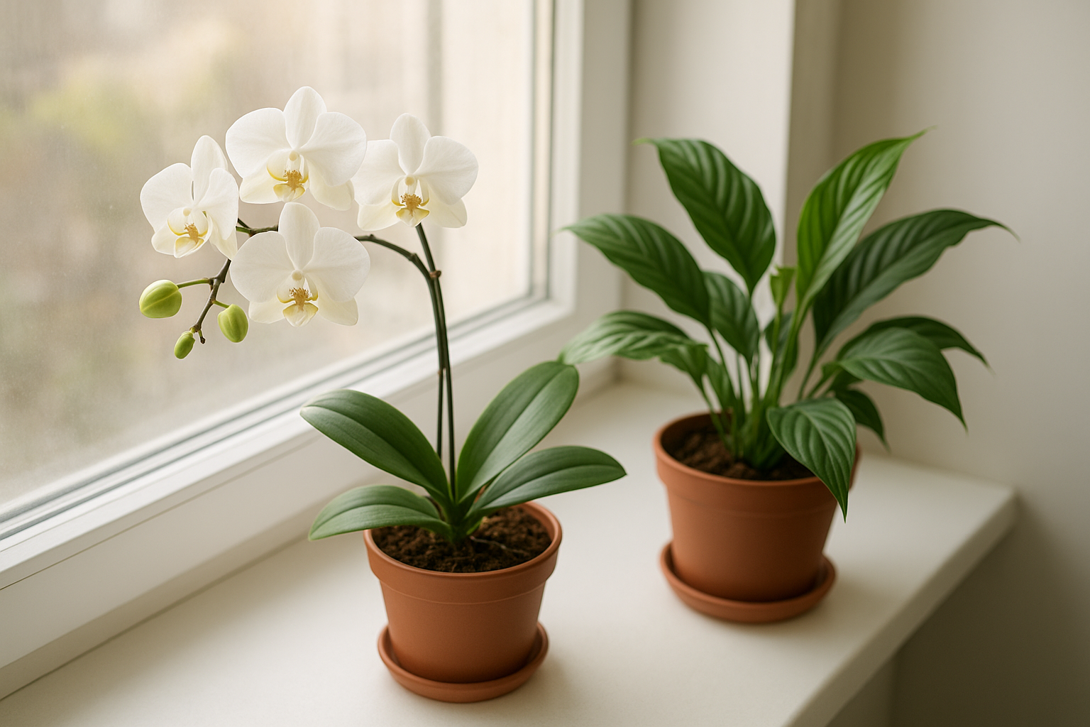 Kwitnąca i niekwitnąca roślina doniczkowa na parapecie w jasnym wnętrzu