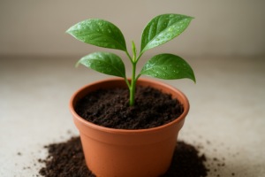 Zdrowa roślina doniczkowa po przesadzeniu w świeżej ziemi, jasne otoczenie, liście w dobrej kondycji