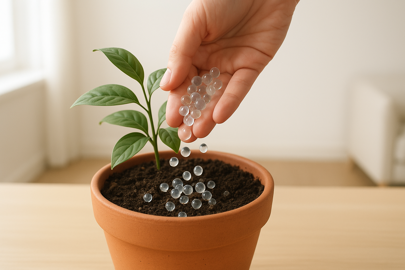 Granulki hydrożelu umieszczane w ziemi w doniczce z rośliną domową.