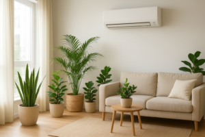 Rośliny doniczkowe w mieszkaniu z klimatyzacją – zdrowe, zielone liście i jasne wnętrze.