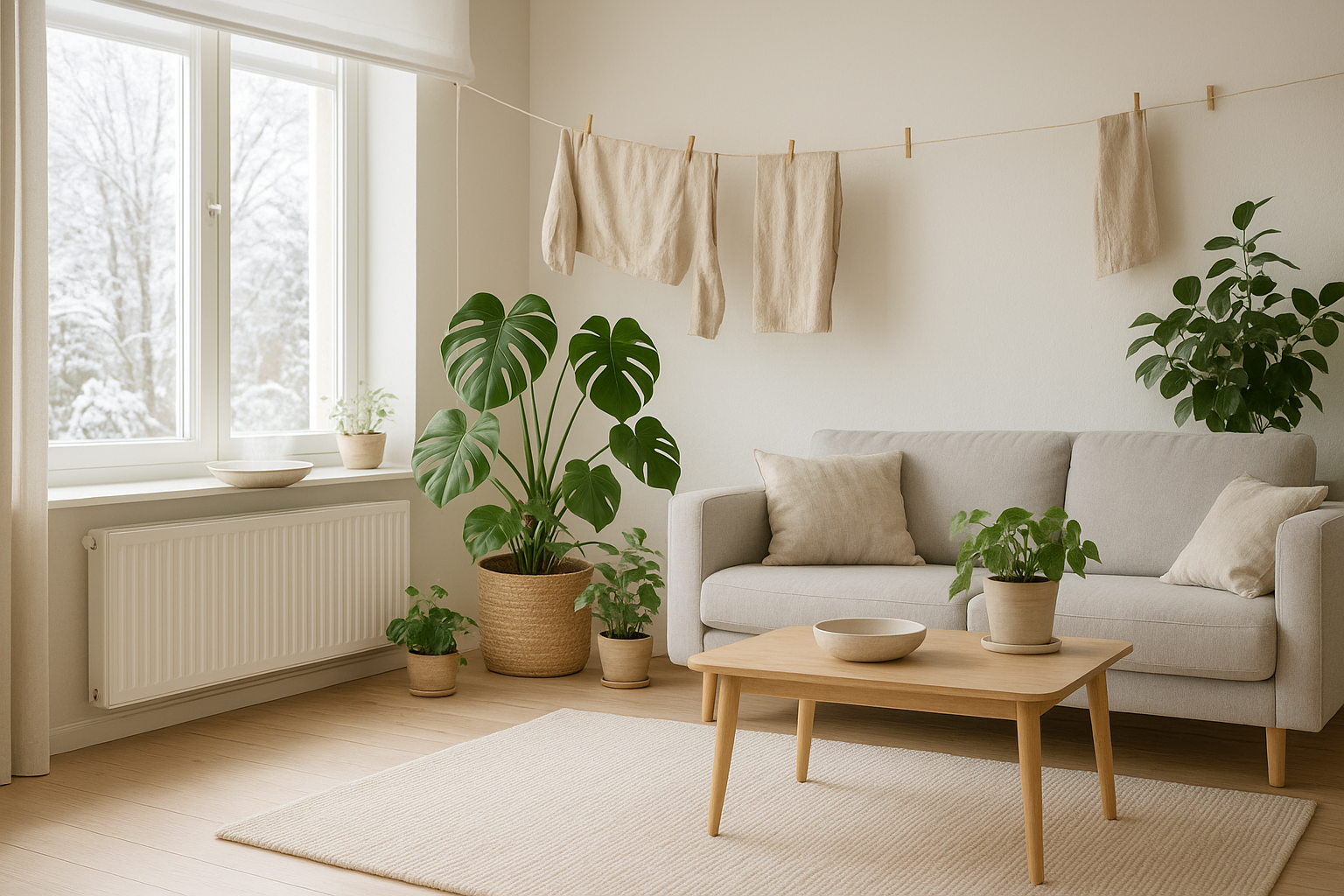 Naturalne metody nawilżania powietrza zimą – rośliny doniczkowe i miska z wodą na grzejniku w jasnym salonie