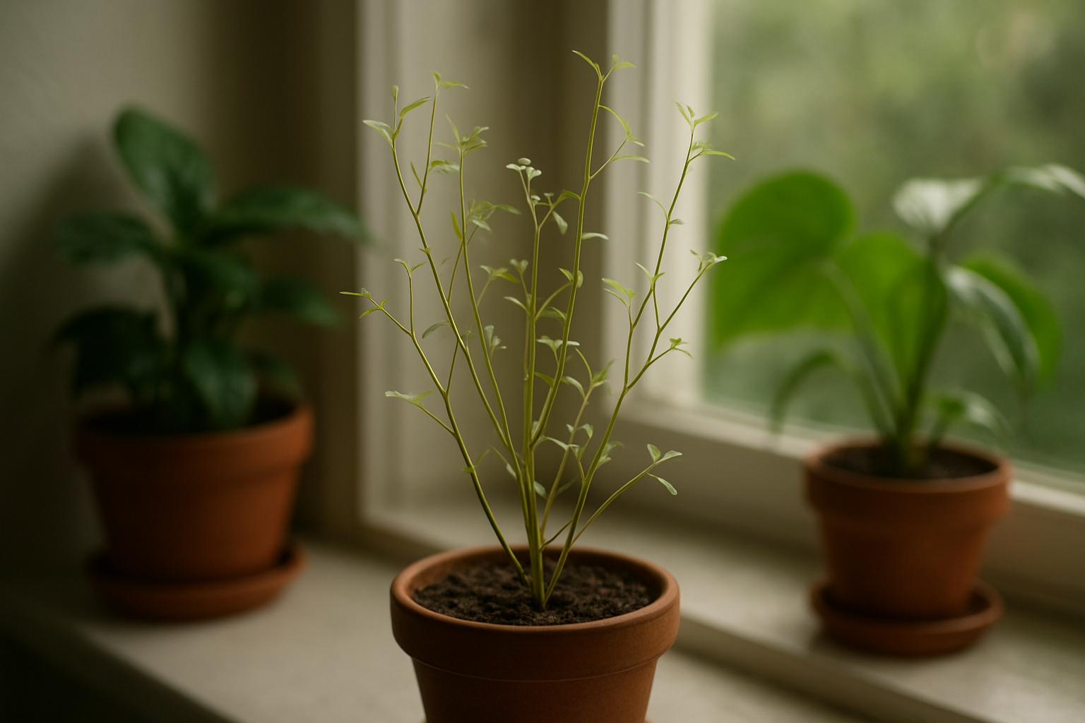 Etiolacja roślin — roślina doniczkowa z wydłużonymi, cienkimi pędami i małymi liśćmi w ciemnym mieszkaniu