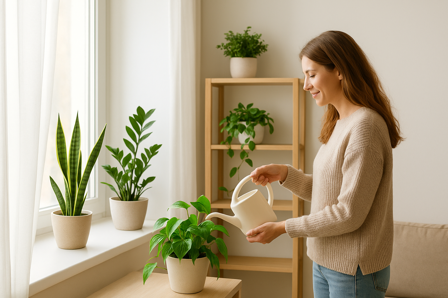 Początkujący miłośnik roślin podlewający rośliny doniczkowe w jasnym mieszkaniu