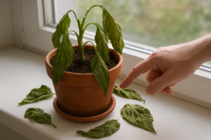 Roślina doniczkowa z opadłymi liśćmi na parapecie, osoba sprawdza wilgotność ziemi