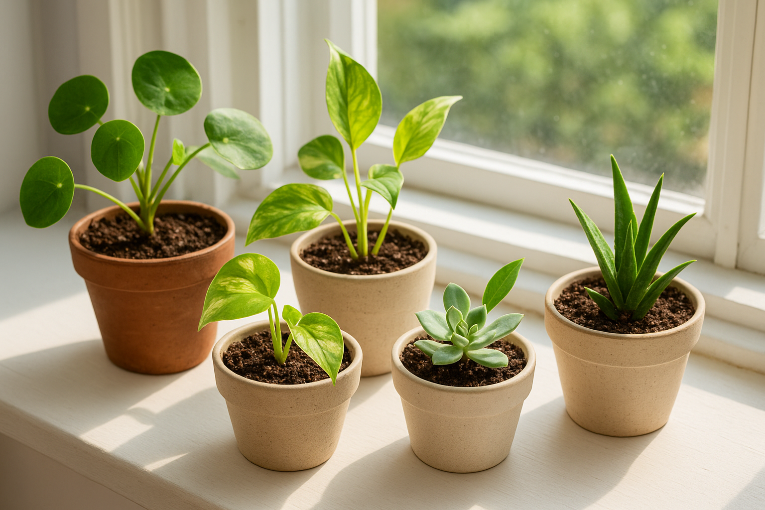 Młode sadzonki roślin doniczkowych w małych doniczkach na nasłonecznionym parapecie
