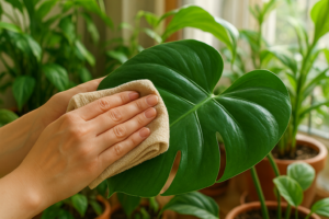 Delikatne czyszczenie liści roślin domowych miękką ściereczką