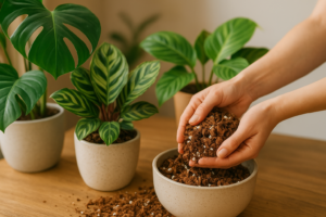 Mieszanie podłoża do roślin egzotycznych – monstera, kalatea i filodendron w doniczkach