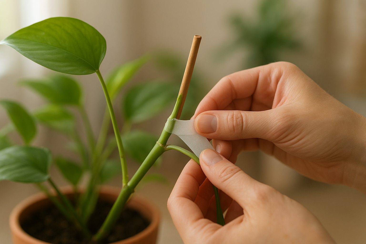 Zbliżenie na ratowanie rośliny po złamaniu pędu – usztywnianie łodygi patyczkiem i taśmą, zdrowe liście w tle