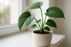 Roślina doniczkowa stojąca w miejscu – zdrowe liście, brak nowych przyrostów.