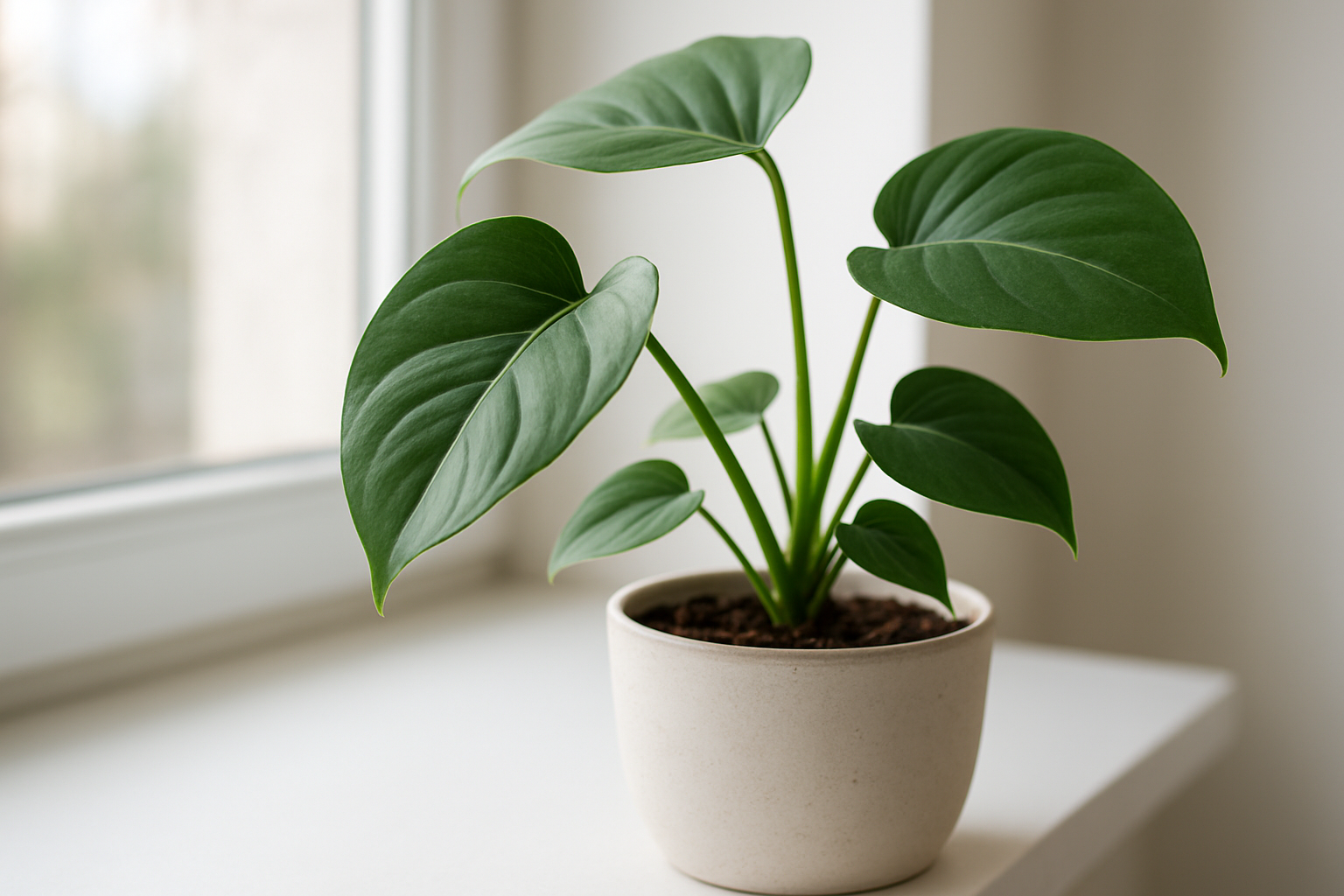 Roślina doniczkowa stojąca w miejscu – zdrowe liście, brak nowych przyrostów.