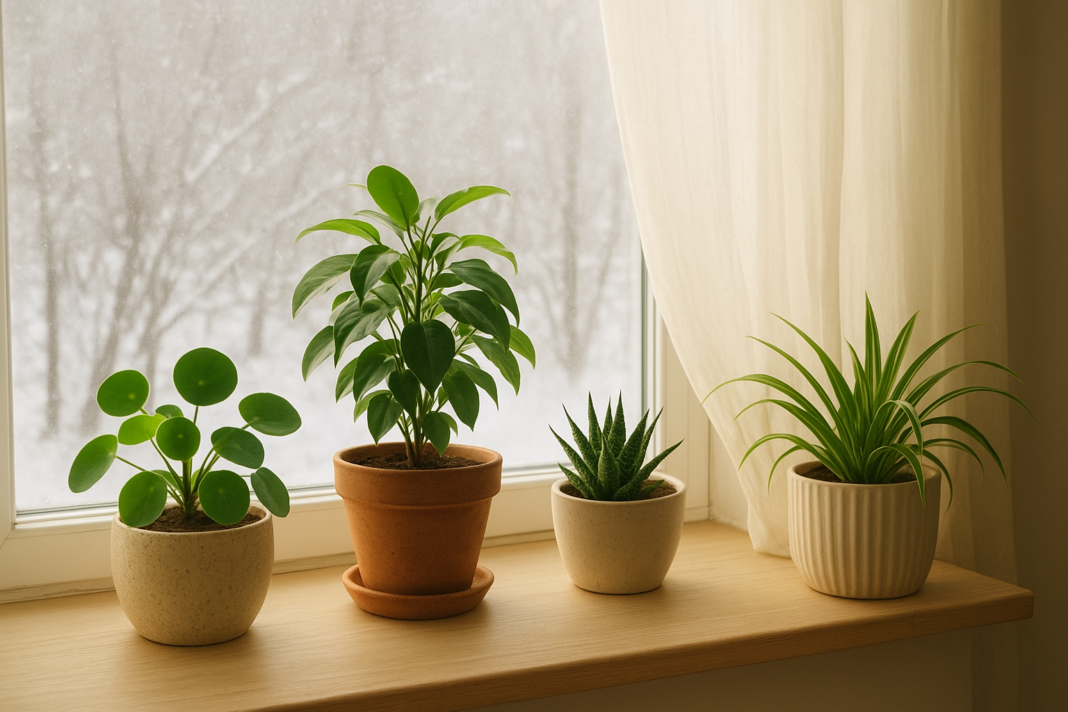 Zabezpieczone rośliny doniczkowe na parapecie przed zimnym przeciągiem, zimowa sceneria za oknem.