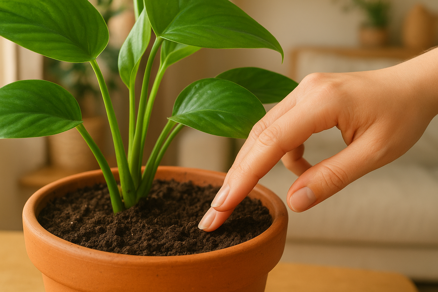 Sprawdzanie wilgotności podłoża w doniczce palcem, zdrowe rośliny w domu