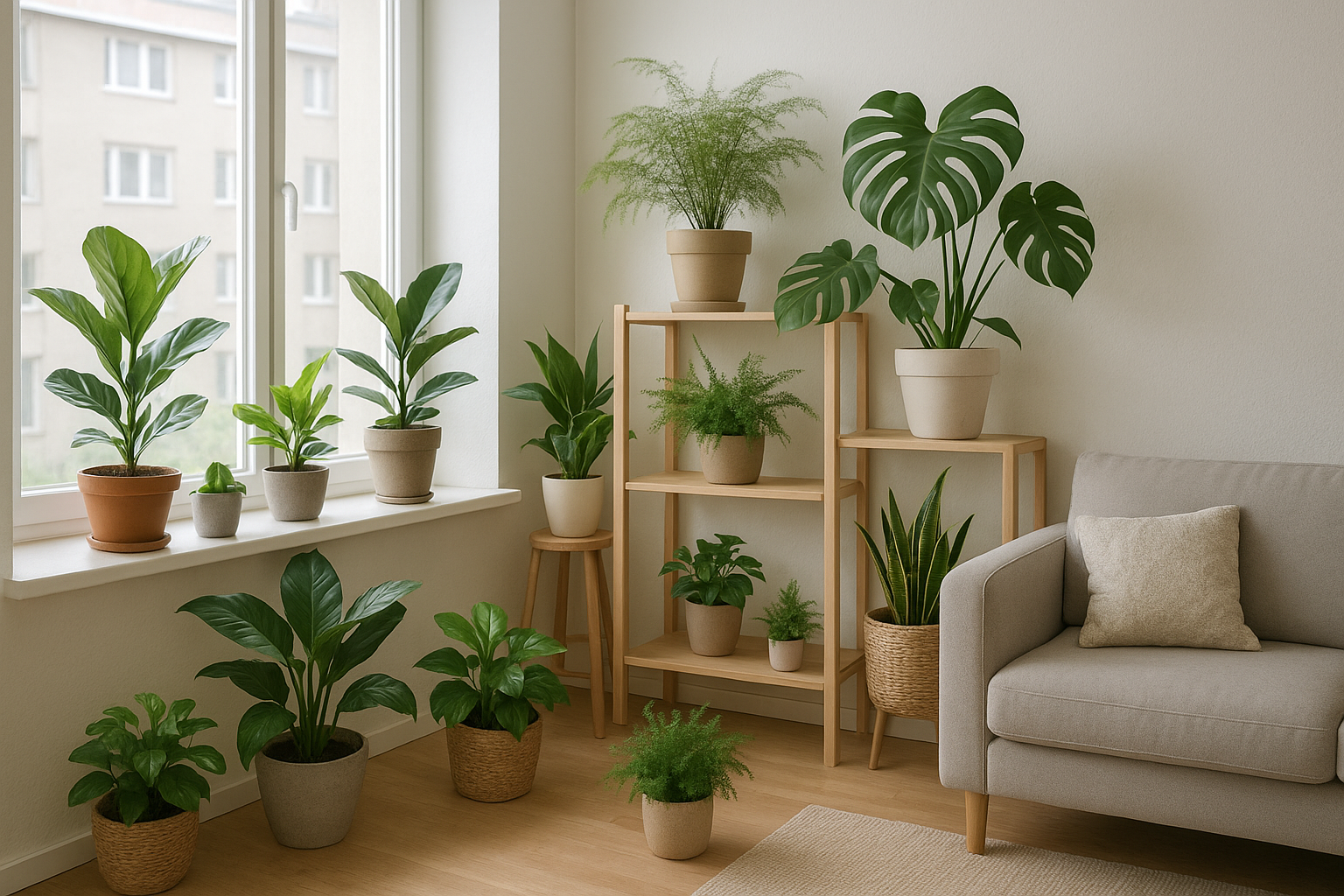 Idealne warunki dla roślin doniczkowych w mieszkaniu w bloku – jasne wnętrze z zielenią