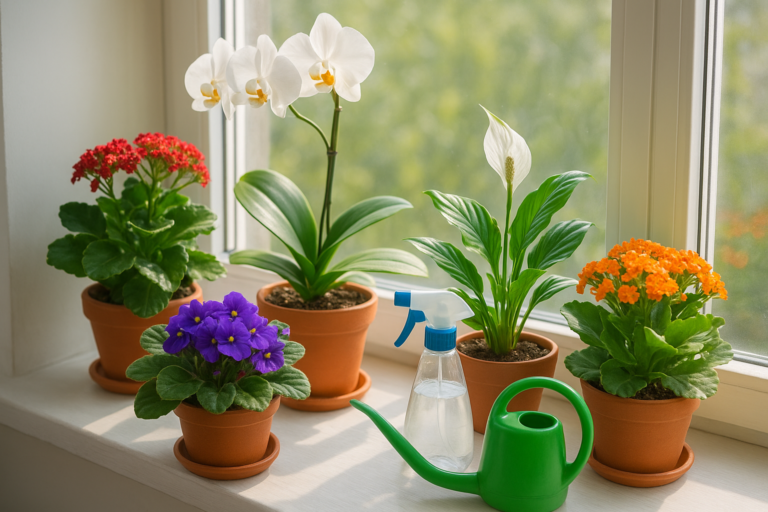 Zdrowe kwitnące rośliny doniczkowe na parapecie w jasnym wnętrzu, obok akcesoria do pielęgnacji