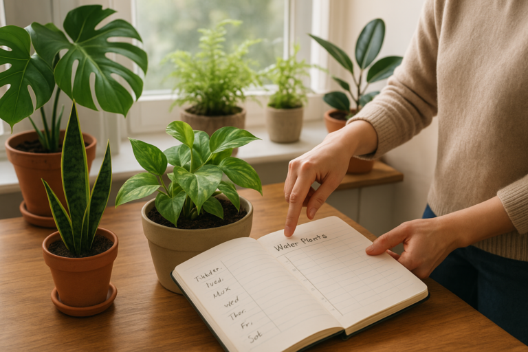 Osoba sprawdzająca wilgotność ziemi roślin doniczkowych i zapisująca harmonogram podlewania, zielone rośliny na parapecie.
