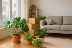 Rośliny doniczkowe w nowym mieszkaniu po przeprowadzce, ustawione przy oknie w jasnym salonie, obok kartonów.