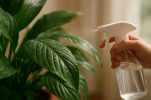 Delikatne spryskiwanie liści doniczkowej rośliny wodą w domowym wnętrzu