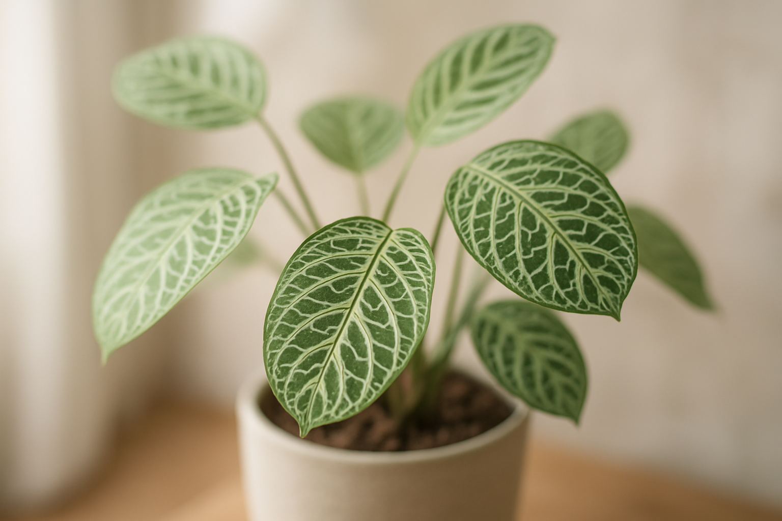 Delikatne, cienkie liście paproci w jasnym, domowym wnętrzu