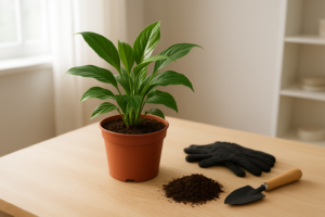 Nowo zakupiona roślina z marketu przygotowywana do przesadzenia w domu