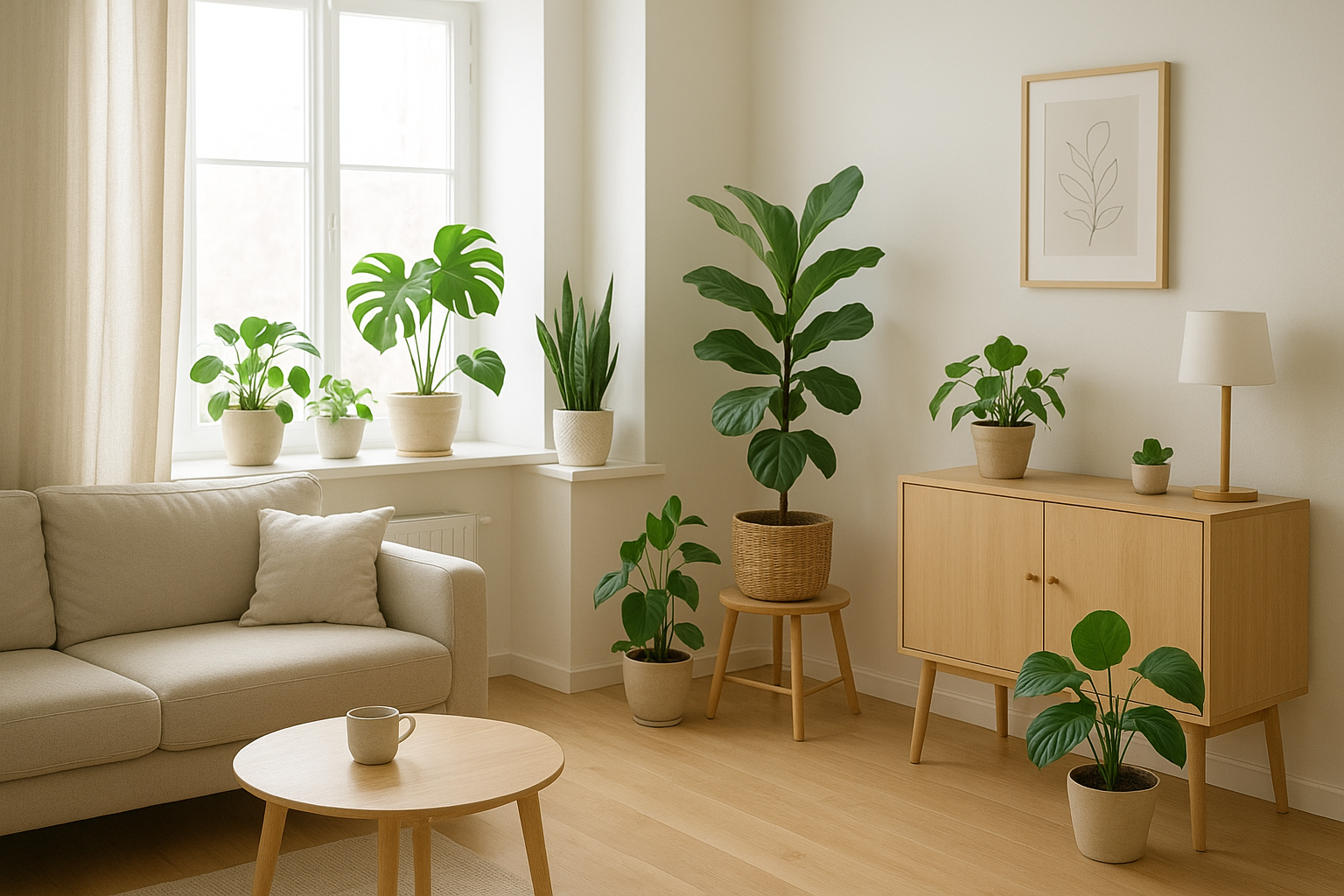 Rośliny doniczkowe w jasnym salonie wynajmowanego mieszkania, aranżacja wnętrza z zielenią.