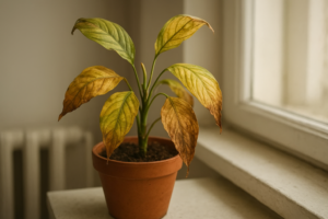 Zestresowana roślina doniczkowa z pożółkłymi liśćmi na parapecie w mieszkaniu
