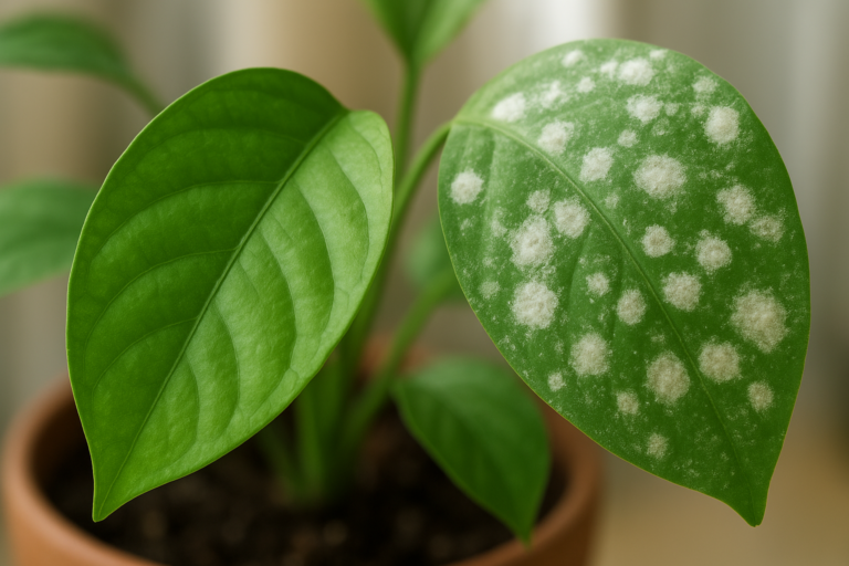 Liście rośliny doniczkowej z widocznymi białymi plamami – przykład typowych objawów choroby lub stresu rośliny.
