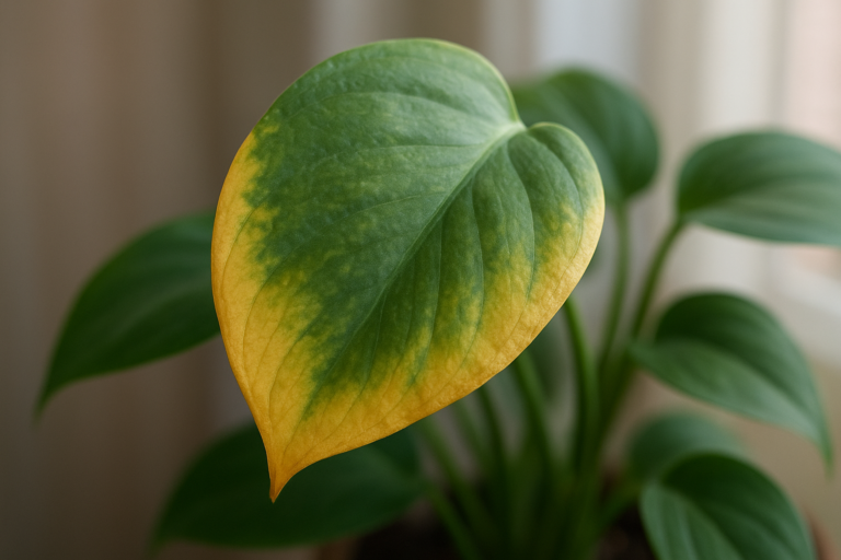 Zbliżenie liścia rośliny doniczkowej z widocznym blaknięciem koloru i żółknącymi brzegami