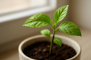 Zdrowa roślina doniczkowa z nowymi liśćmi po regeneracji po ataku szkodników