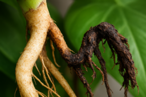 Zdrowe i zgniłe korzenie rośliny tropikalnej – porównanie podłoża i systemu korzeniowego