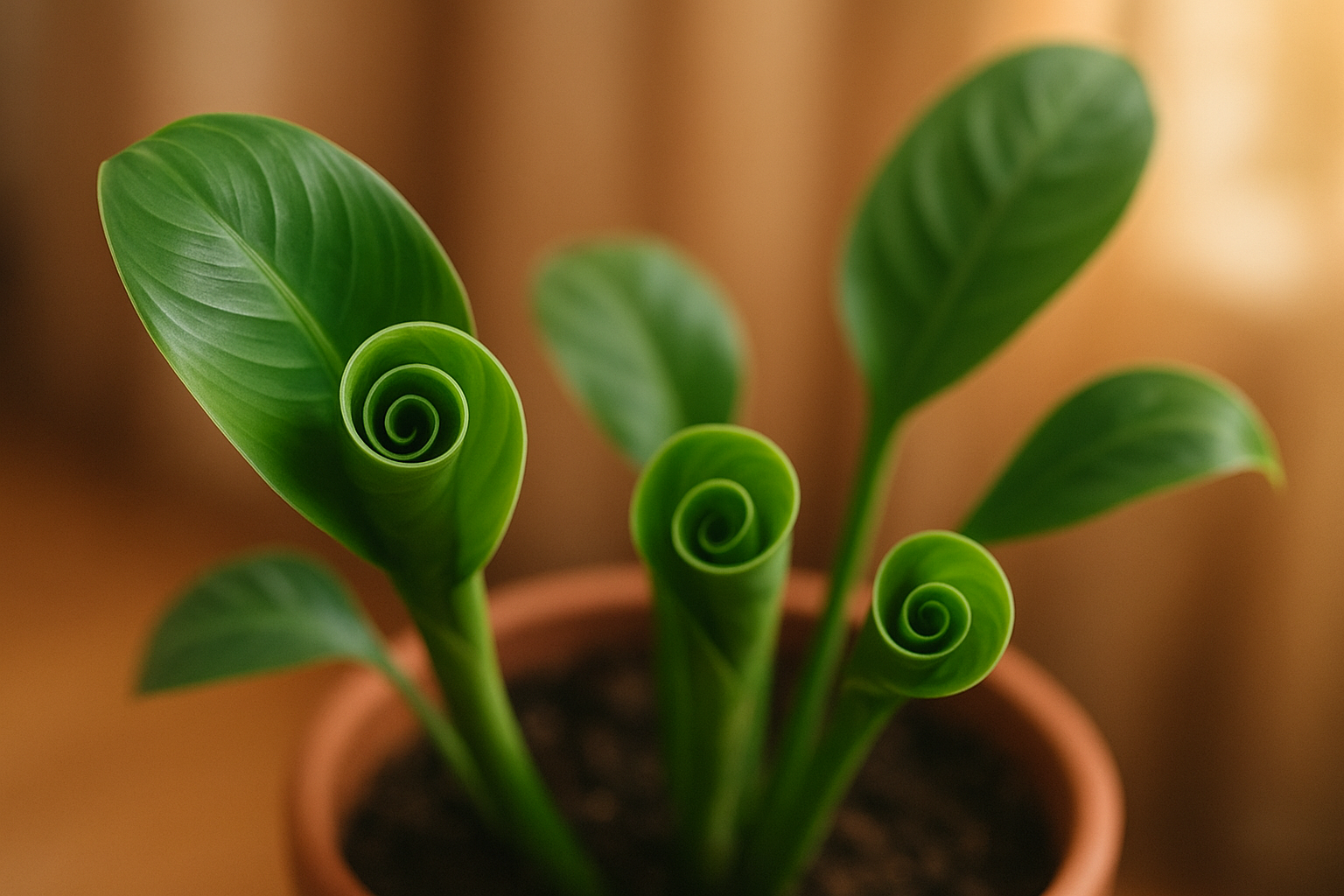 Liście rośliny doniczkowej zwinięte w rulon – objaw problemu pielęgnacyjnego