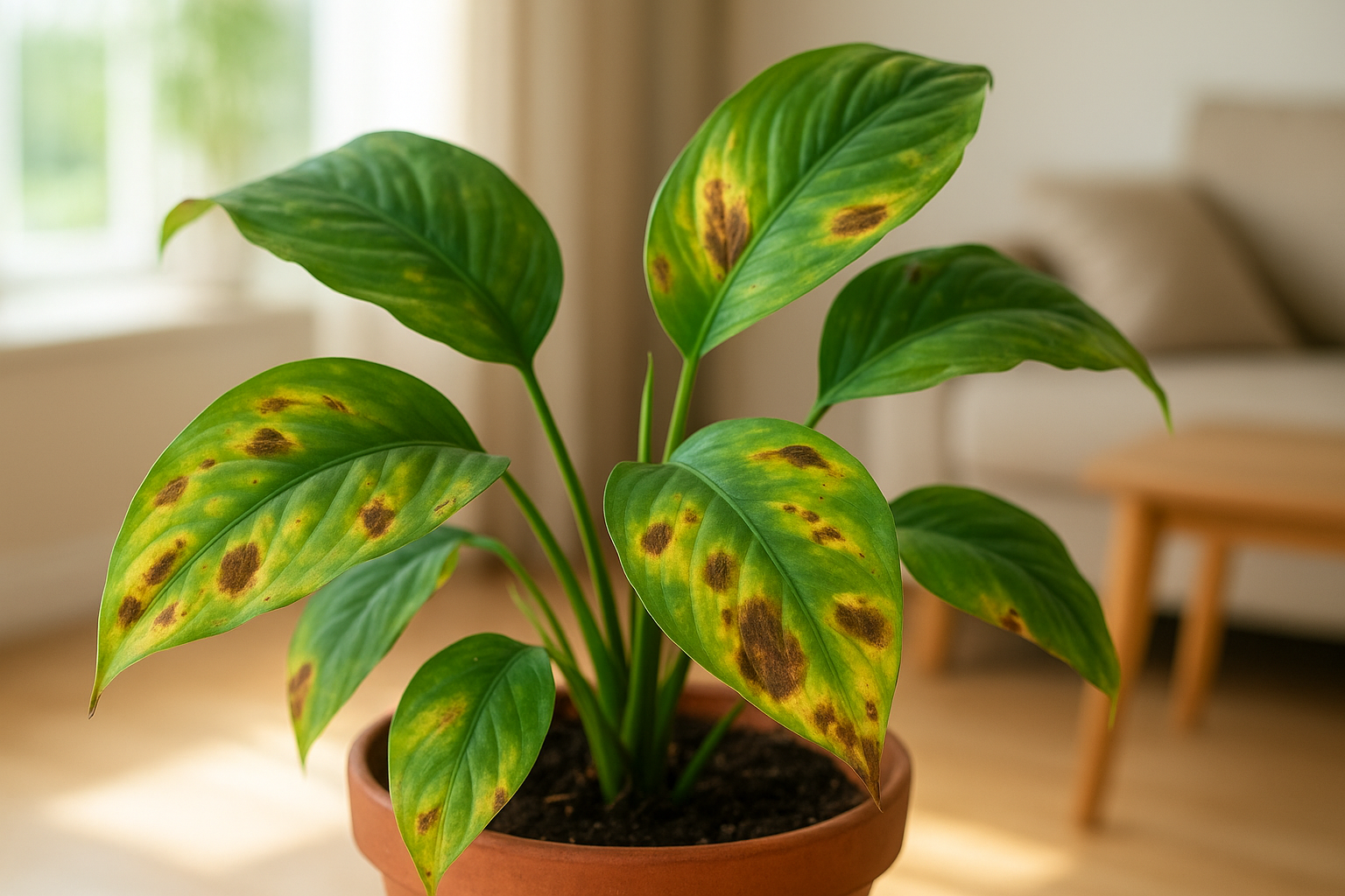 Liście rośliny doniczkowej z oznakami stresu świetlnego – żółte i brązowe plamy w domowym wnętrzu.