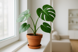 Roślina doniczkowa przechylająca się w stronę okna, jednostronny wzrost liści.