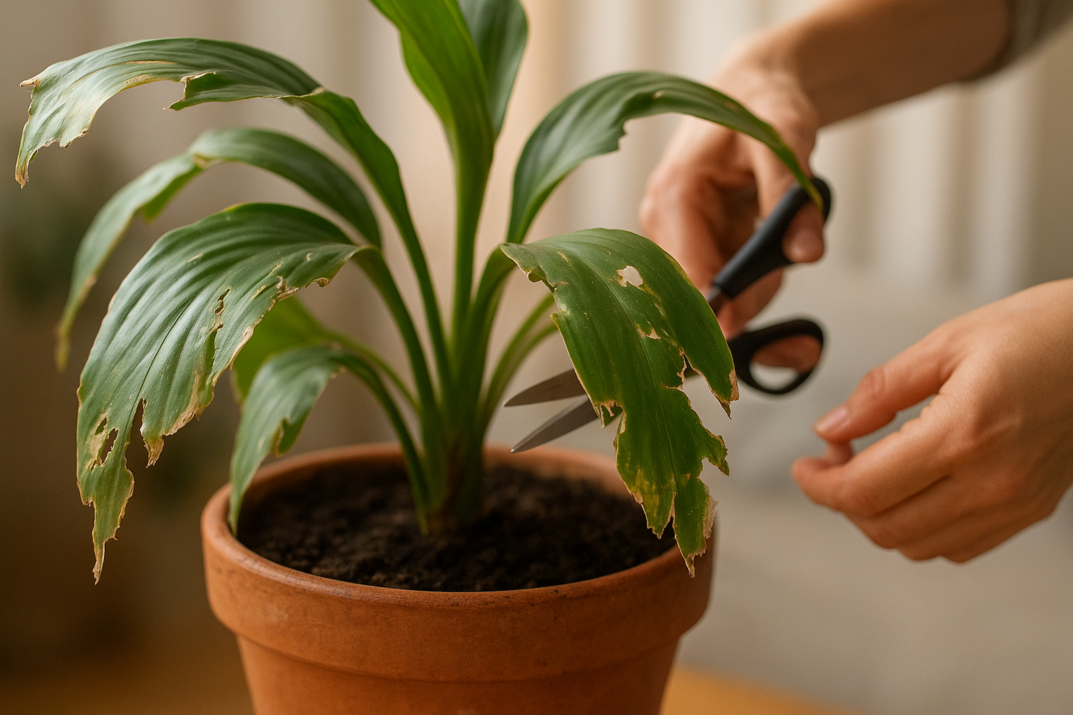 Ratowanie rośliny doniczkowej z uszkodzonymi przez wiatr liśćmi – cięcie sekatorem w domowym otoczeniu.
